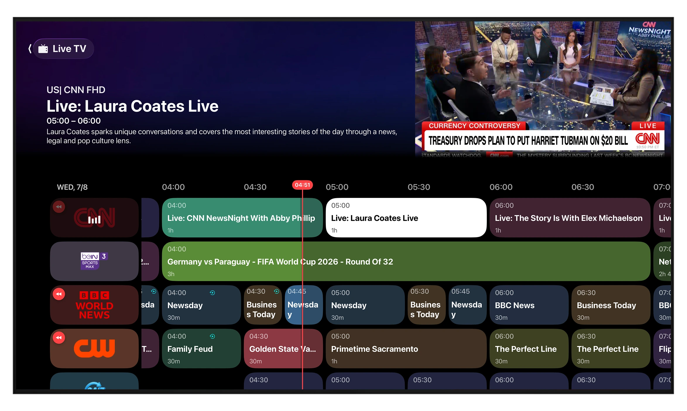 Triad live guide showing CNN, sports and news channels on a timeline